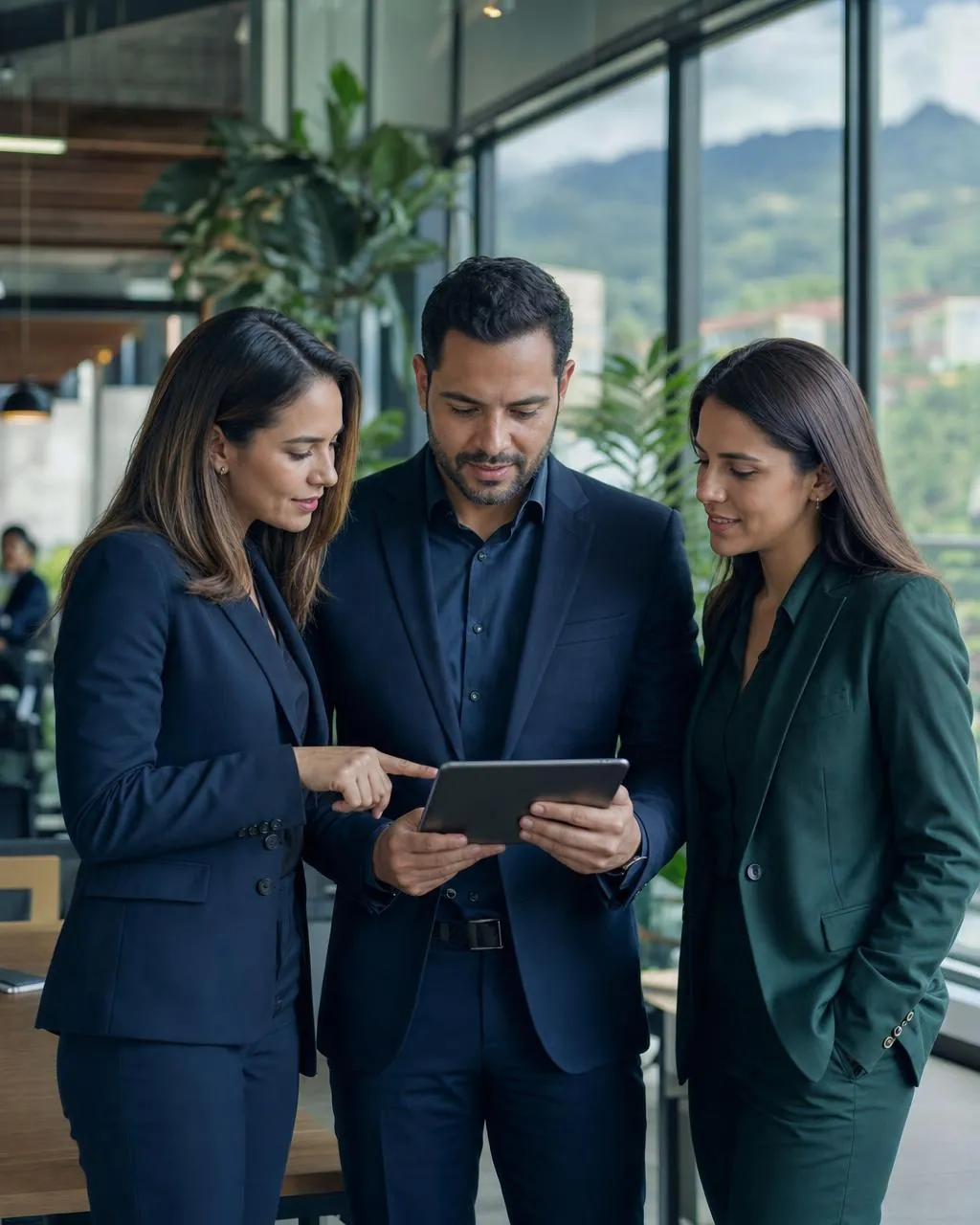 Equipo de tres profesionales revisando una lista de finalistas en una oficina luminosa